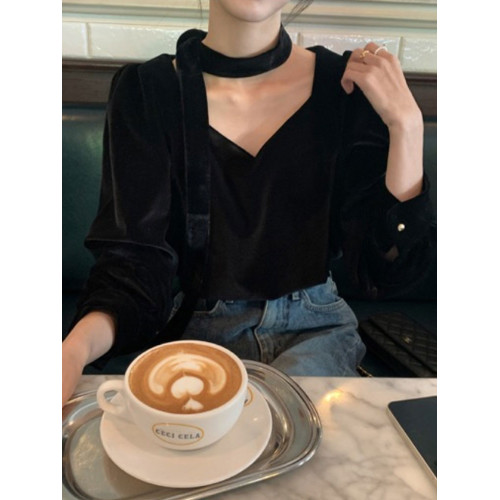 法式高級感洋氣氣質百搭長袖掛脖V領別致獨特黑色絲絨襯衫上衣女