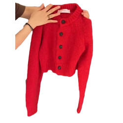 韓國東大門高級感超好看新年紅色毛衣外套女冬季短款圓領針織開衫