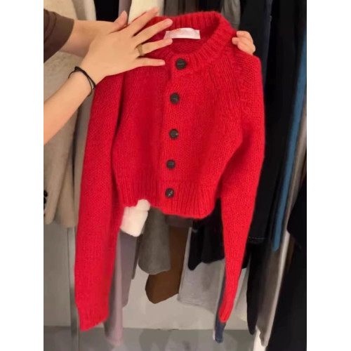 韓國東大門高級感超好看新年紅色毛衣外套女冬季短款圓領針織開衫