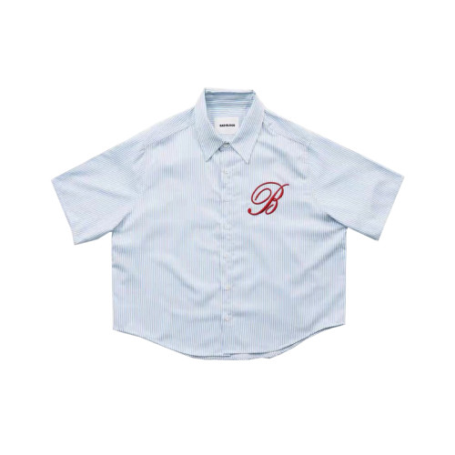 韓國badblood美式復古繙領條紋短袖襯衫寬鬆刺綉短褲休閒套裝