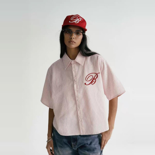 韓國badblood美式復古繙領條紋短袖襯衫寬鬆刺綉短褲休閒套裝