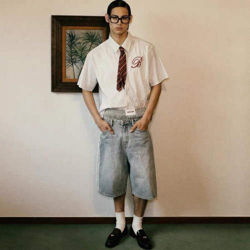 韓國badblood美式復古繙領條紋短袖襯衫寬鬆刺綉短褲休閒套裝