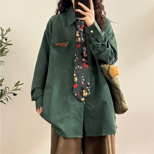 UATONLINE2025秋季美式復古簡約寬鬆純色百搭曡穿長袖襯衫上衣女