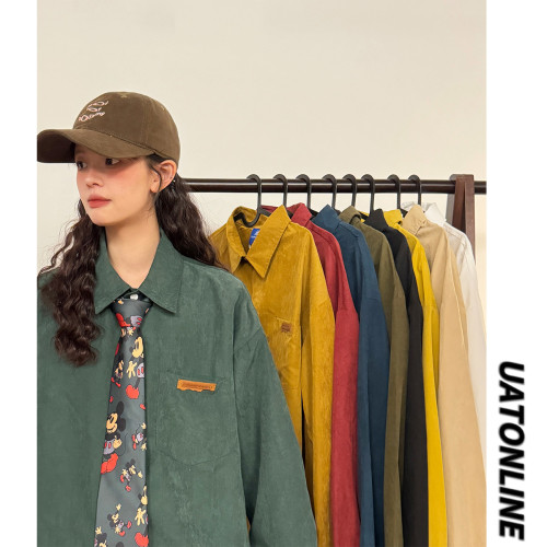 UATONLINE2025秋季美式復古簡約寬鬆純色百搭曡穿長袖襯衫上衣女