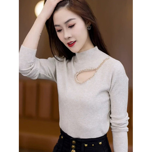 2025秋冬新款鑲鑽鏤空設計感半高領打底衫女今年流行氣質內搭上衣