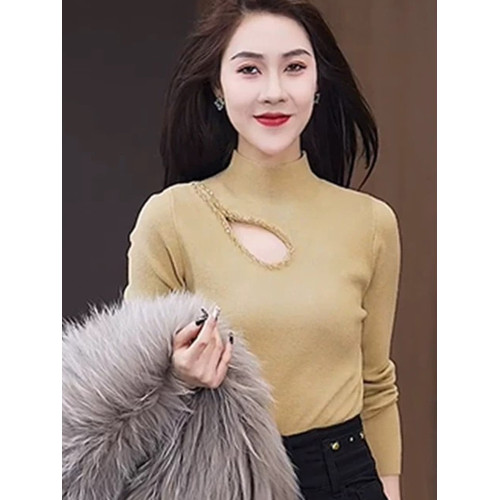 2025秋冬新款鑲鑽鏤空設計感半高領打底衫女今年流行氣質內搭上衣