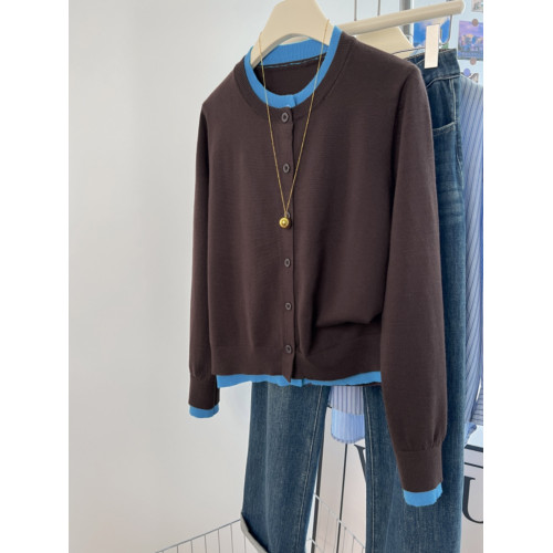 剪標大牌尾貨撞色假兩件圓領針織開衫女秋冬寬鬆休閒毛衣外套