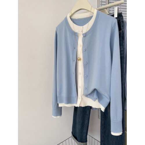 剪標大牌尾貨撞色假兩件圓領針織開衫女秋冬寬鬆休閒毛衣外套