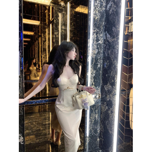 生日派對小禮裙氣質名媛千金炸街高級蕾絲抹胸吊帶緞面連衣裙長款