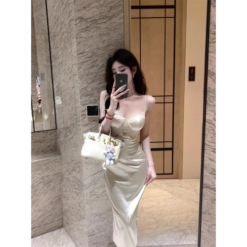 生日派對小禮裙氣質名媛千金炸街高級蕾絲抹胸吊帶緞面連衣裙長款