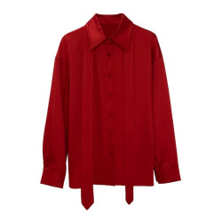 野白白春正紅色飄帶設計感痞帥襯衣霓虹狂歡本命年長袖襯衫韓版