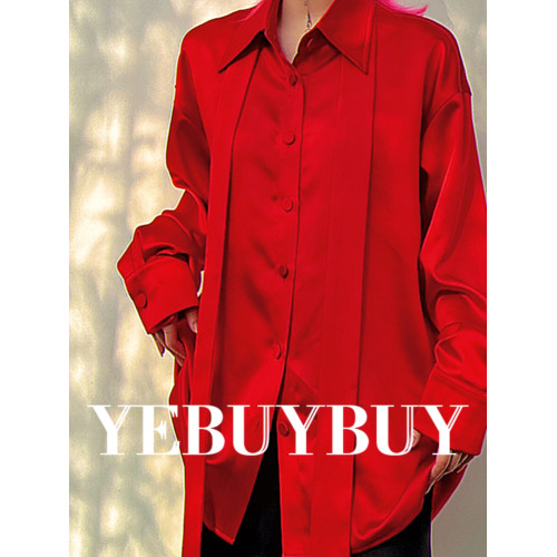 野白白春正紅色飄帶設計感痞帥襯衣霓虹狂歡本命年長袖襯衫韓版