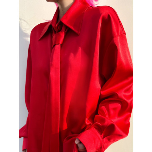 野白白春正紅色飄帶設計感痞帥襯衣霓虹狂歡本命年長袖襯衫韓版