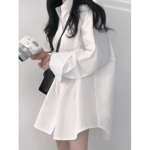 加絨白色襯衫女設計感小衆寬鬆百搭加厚上衣中長款慵懶風襯衣外套