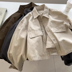 秋冬新款韓版bf中性風繙領小個子工裝外套女寬鬆短款百搭夾克上衣