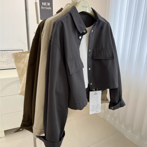 秋冬新款韓版bf中性風繙領小個子工裝外套女寬鬆短款百搭夾克上衣