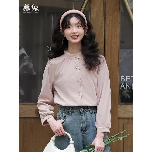 慕兔法式溫柔風立領長袖襯衫女2026春季新款設計感小衆燈芯絨上衣