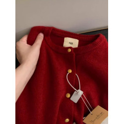 歐貨高級感復古紅色小金釦針織開衫女秋冬洋氣別致浣熊絨毛衣外套