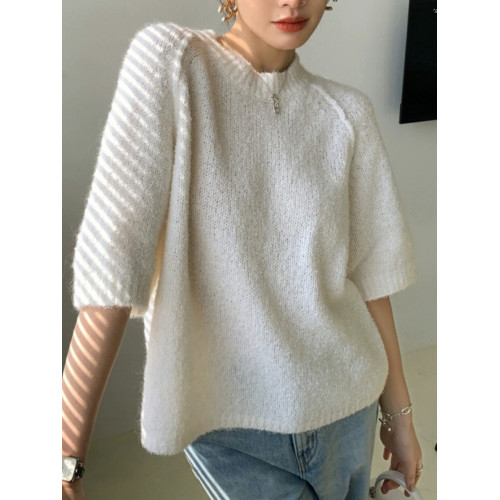 牛X貨 巨炸裂！五分袖T恤女2024春夏寬鬆慵懶套頭針織短袖上衣