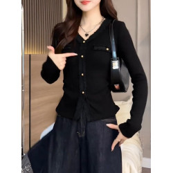 2026秋季新品黑色V領長袖T恤女季洋氣韓版高級氣質顯瘦減齡上衣