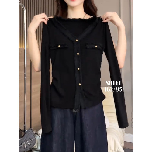 2026秋季新品黑色V領長袖T恤女季洋氣韓版高級氣質顯瘦減齡上衣