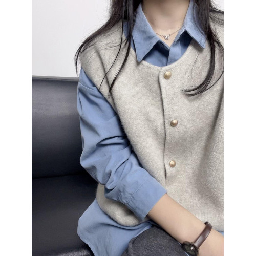 襯衫春秋穿搭內搭曡穿馬甲2025新款韓系高級感藍色襯衣長袖上衣女