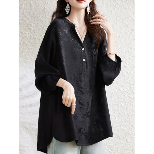 九月墨陌新中式國風襯衫女2025春季新款大碼寬鬆遮肚氣質V領上衣