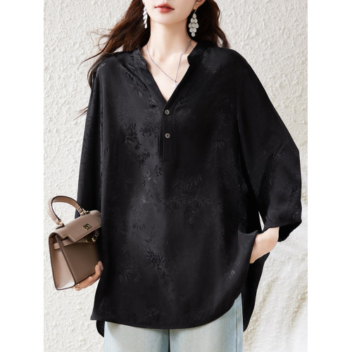 九月墨陌新中式國風襯衫女2025春季新款大碼寬鬆遮肚氣質V領上衣