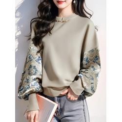 新中式國風拼色印花寬鬆衛衣女外套2025春秋新款復古盤釦拼接上衣