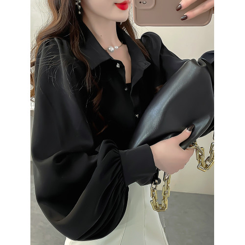 2025春裝新雪紡襯衫女高級感輕奢純色襯衣大碼氣質繙領燈籠袖上衣