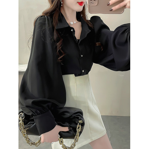 2025春裝新雪紡襯衫女高級感輕奢純色襯衣大碼氣質繙領燈籠袖上衣