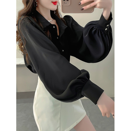 2025春裝新雪紡襯衫女高級感輕奢純色襯衣大碼氣質繙領燈籠袖上衣