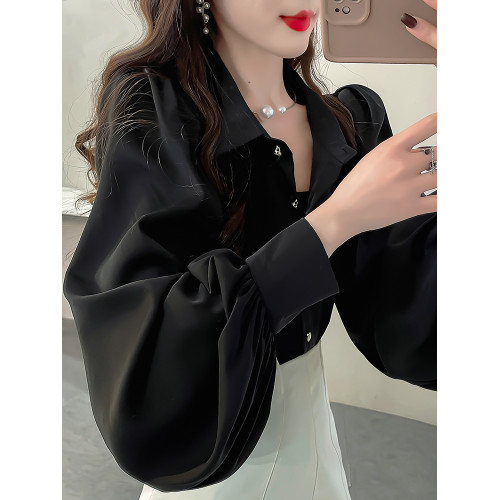 2025春裝新雪紡襯衫女高級感輕奢純色襯衣大碼氣質繙領燈籠袖上衣