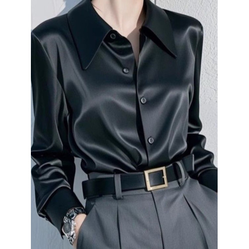 高級感氣質繙領襯衫女長袖2025早春新款緞面職業上衣百搭顯瘦襯衣