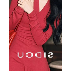 專櫃撤櫃春季新款韓系千金感穿搭復古收腰顯瘦紅色不規則連衣裙女