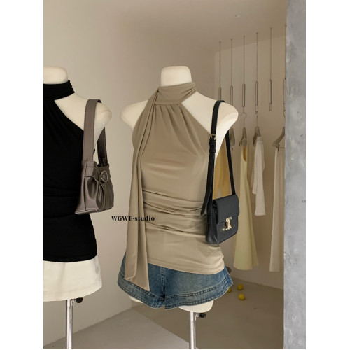 認真賣 氣質飄帶掛脖修身吊帶顯瘦內搭無袖辣妹外穿上衣