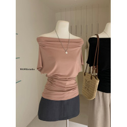 十三行春夏新款斜肩收腰隨性慵懶風顯瘦百搭時髦短袖一字領小衫女