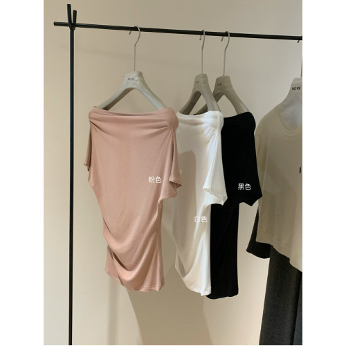 十三行春夏新款斜肩收腰隨性慵懶風顯瘦百搭時髦短袖一字領小衫女