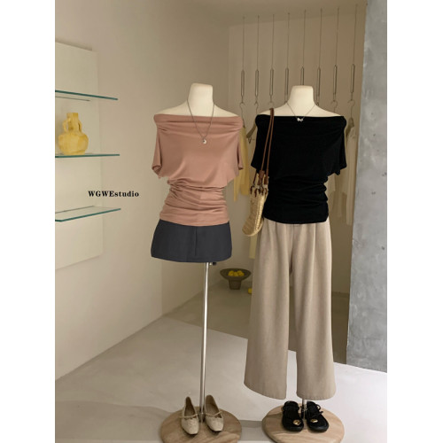 十三行春夏新款斜肩收腰隨性慵懶風顯瘦百搭時髦短袖一字領小衫女