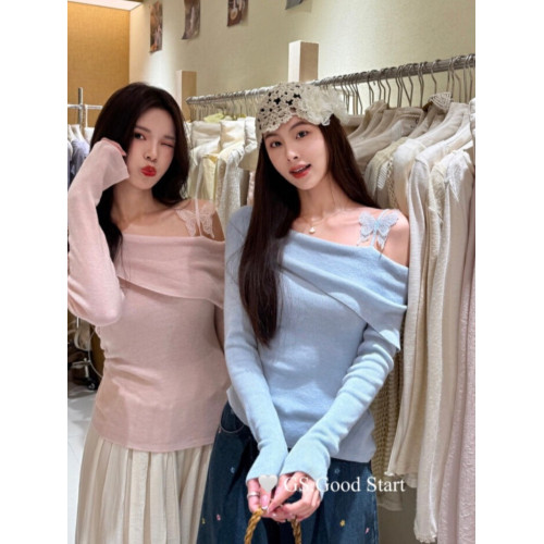 廣州十三行高貨獨特上衣超好看法式蝴蝶結針織一字肩斜領打底衫女