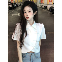 新中式改良版旗袍短款上衣夏季2025新款不規則法式短袖純色襯衫潮