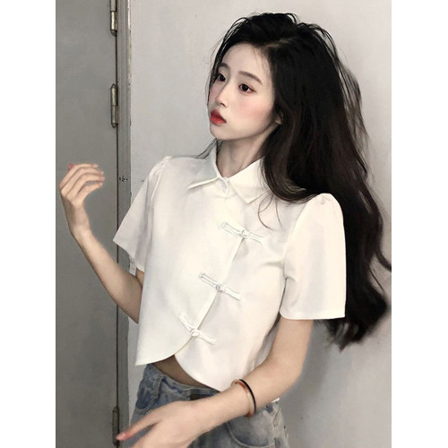 新中式改良版旗袍短款上衣夏季2025新款不規則法式短袖純色襯衫潮