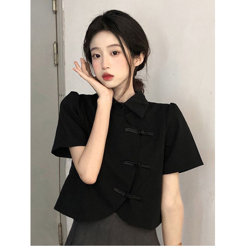 新中式改良版旗袍短款上衣夏季2025新款不規則法式短袖純色襯衫潮