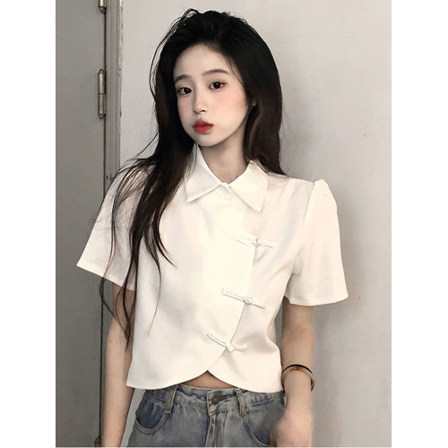 新中式改良版旗袍短款上衣夏季2025新款不規則法式短袖純色襯衫潮