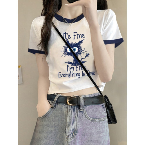 圓領法式ins短袖t恤女搭配拼接chic夏季歐美高腰潮牌短款復古上衣