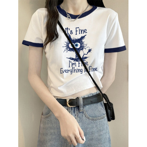 圓領法式ins短袖t恤女搭配拼接chic夏季歐美高腰潮牌短款復古上衣