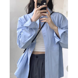 開春韓系穿搭2025新款長袖藍色襯衫女外套襯衣設計感法式chic上衣