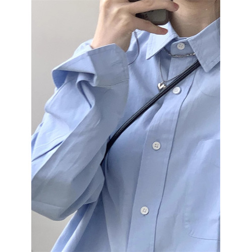 開春韓系穿搭2025新款長袖藍色襯衫女外套襯衣設計感法式chic上衣