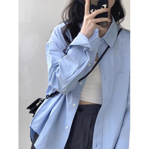 開春韓系穿搭2025新款長袖藍色襯衫女外套襯衣設計感法式chic上衣