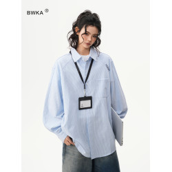 BWKA美式復古藍色條紋襯衫女男春季寬鬆休閒簡約慵懶風襯衣外套潮